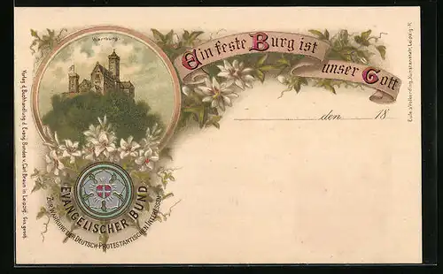 Lithographie Wartburg, Eine feste Burg ist unser Gott, Gesamtansicht, Wappen vom Evangelischen Bund