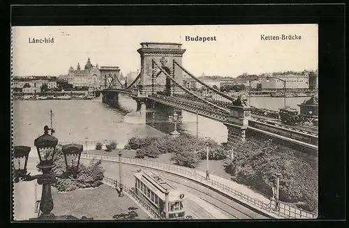 AK Budapest, Ketten-Brücke mit Strassenbahn