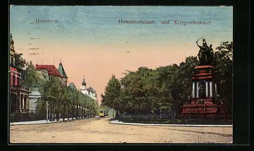AK Hannover, Hohenzollernstrasse und Kriegerdenkmal mit Strassenbahn