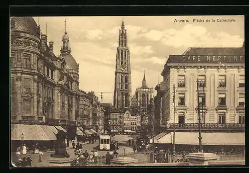 AK Anvers, Flèche de la Cathédrale, Strassenbahn
