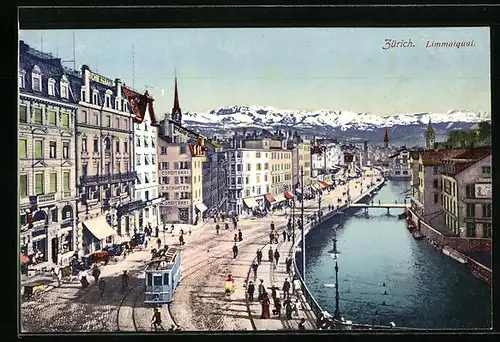 AK Zürich, Limmatquai mit Konditorei E. Schurter und Strassenbahn