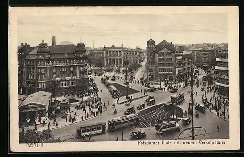 AK Berlin, Potsdamer Platz mit Geschäften und neuem Verkehrsturm, Strassenbahn
