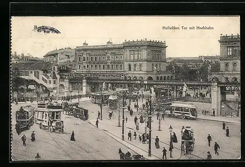 AK Berlin, Hallesches Tor mit Hochbahn und Hauswandwerbung für Stollwerck`s Adler Cacao, Strassenbahn