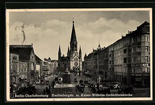 AK Berlin-Charlottenburg, Hardenbergstrasse mit Geschäften und Kaiser-Wilhelm-Gedächtniskirche, Strassenbahn
