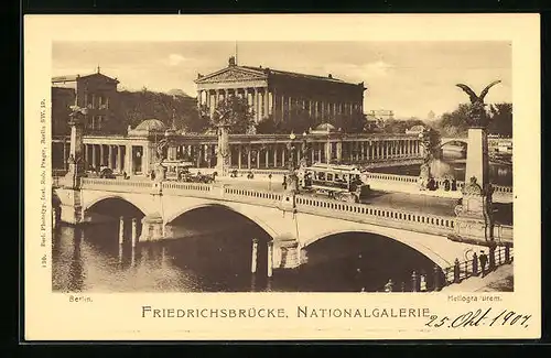 AK Berlin, Nationalgalerie und Friedrichsbrücke mit Strassenbahn
