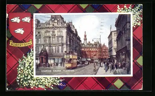 AK Glasgow, Charing Cross, Strassenbahn, Wappen Robertson, Passepartout