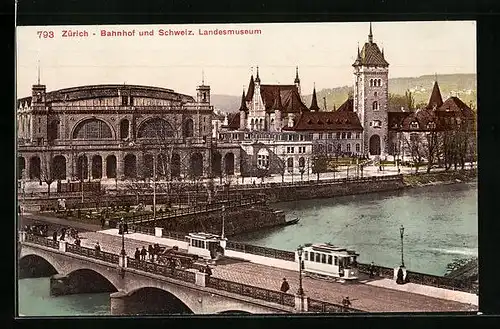 AK Zürich, Bahnhof und Schweizer Landesmuseum, Strassenbahn