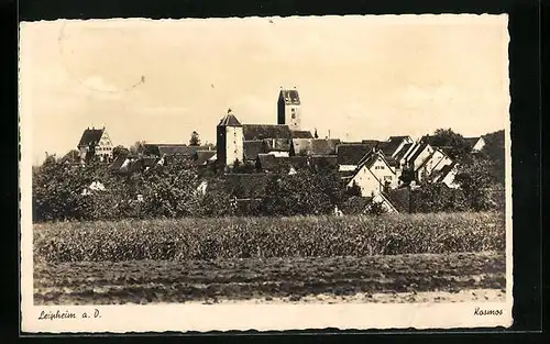 AK Leipheim a. d. Donau, Ortspanorama mit der Kirche vom Feld aus