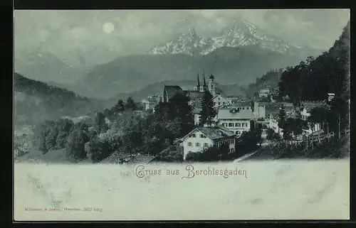 Mondschein-AK Berchtesgaden, Generalansicht mit Blick auf die Alpenspitzen