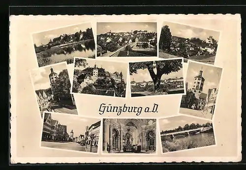 AK Günzburg a. D., Generalansicht, Tordurchblick, auf dem Marktplatz, an der Brücke, Schloss