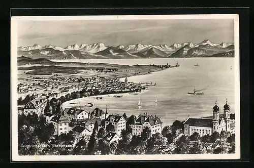 AK Friedrichshafen a. B., Blick über die Stadt und den Bodensee auf die Alpenspitzen