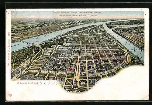 Lithographie Mannheim, Generalansicht der Stadt nach einem Gemälde von C. Grote