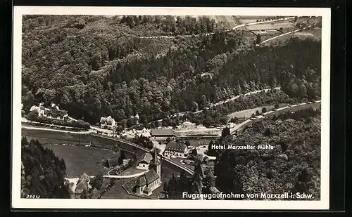 AK Marxzell i. Schw., Fliegeraufnahme der Ortschaft mit dem Hotel Marxzeller Mühle