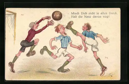 Lithographie Fussballspiel, Mann wird im Gesicht getroffen