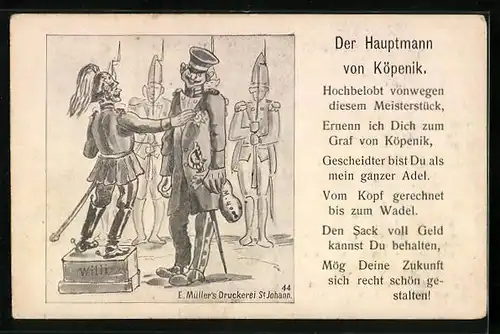 Künstler-AK Berlin, der Hauptmann von Köpenik, ernannt zum Graf von Köpenik