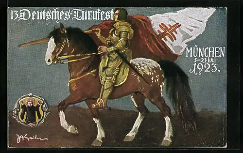 Künstler-AK München, 13. Deutsches Turnfest, Reiter in goldener Rüstung, Müncher Kindl