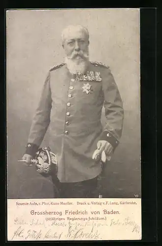 AK Grossherzog Friedrich von Baden, in Uniform mit Pickelhaube gesehen