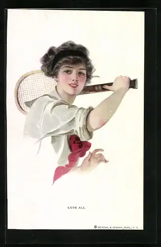 Künstler-AK Damentennis, junge Frau schwingt den Schläger