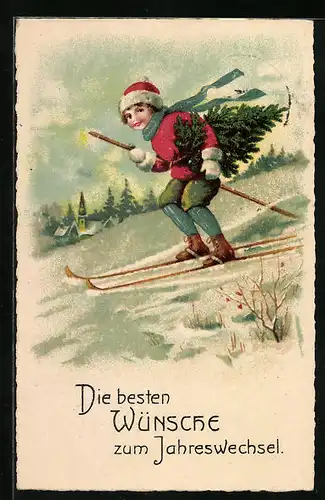Lithographie Mädchen mit Nadelbaum fährt den Berg hinab, Skier, Nerujahresgruss