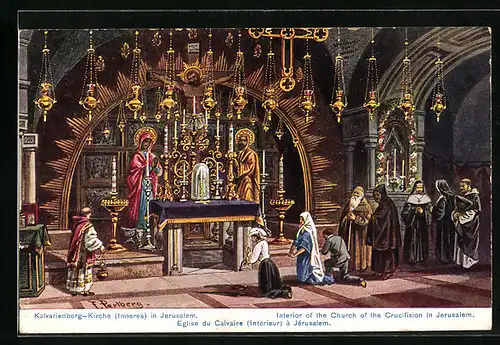 Künstler-AK Jerusalem, Kalvarienberg-Kirche, Innenansicht