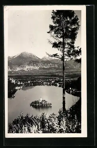 AK Letovisce Bled, Panoramablick mit der Insel und dem Gebirge dahinter
