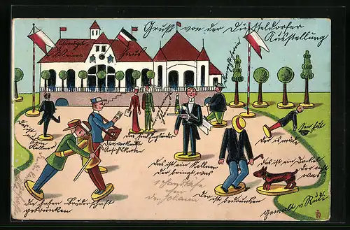 Lithographie Szene im Park mit Kellner und Briefträger, Holzspielzeug