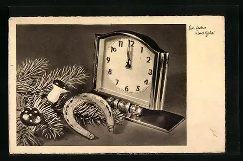 AK Neujahresgruss, Szene mit Nadelzweigen, Uhr und Hufeisen