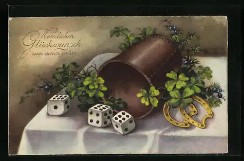 Lithographie Würfelspiel, Becher mit drei Sechsen, Hufeisen und Klee