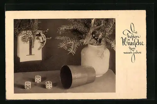 AK Würfelspiel mit Glückswurf, Kalender und Hufeisen, Neujahresgruss