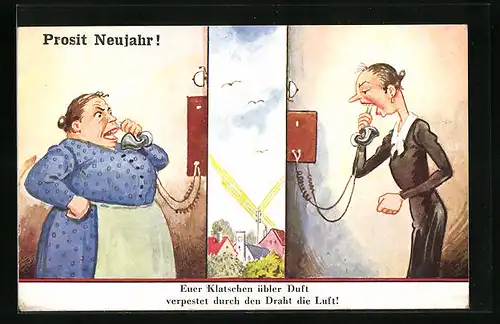 Künstler-AK Frauen giften und tratschen übers Telefon, Neujahresgruss, frauenfeindlicher Humor