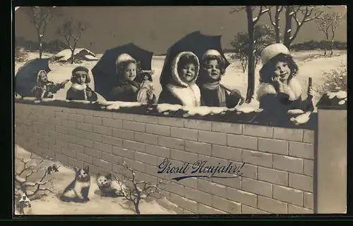 AK Mädchen an der Mauer mit einer Puppe, Katzen und Neujahresgruss
