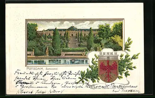 Passepartout-Lithographie Potsdam, Schloss Sanssouci, Wappen