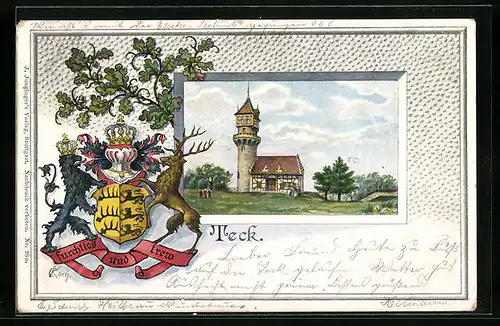 Passepartout-Lithographie Teck, Wehrturm und Wappen