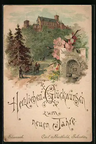 Künstler-AK Eisenach, Die Wartbrug, Elisabeth-Brunnen, Neujahrsgruss