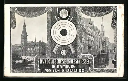 AK Hamburg, XVI. Deutsches Bundesschiessen 1909, Rathaus, Fleet