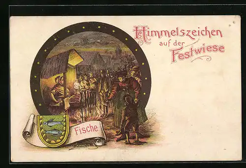 Lithographie Himmelszeichen auf der Festwiese, Sternzeichen Fische, Fischstand auf dem Festplatz