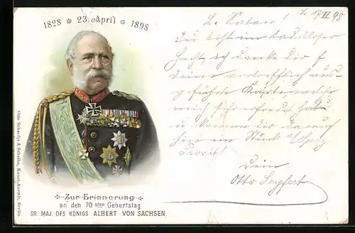 Lithographie König Albert von Sachsen, 70. Geburtstag 1828-1898, uniformiert mit Abzeichen & Orden