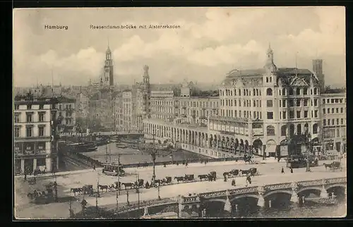 AK Hamburg, Strassenbahnen auf der Reesendammbrücke