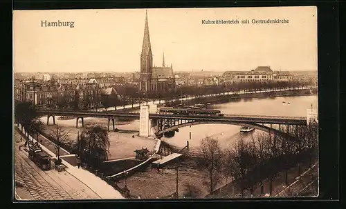 AK Hamburg, Strassenbahn am Kuhmühlenteich