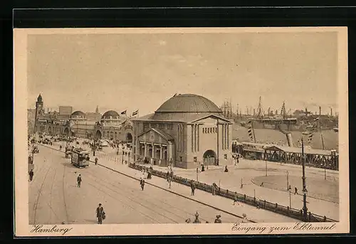 AK Hamburg, Strassenbahn am Eingang zum Elbtunnel