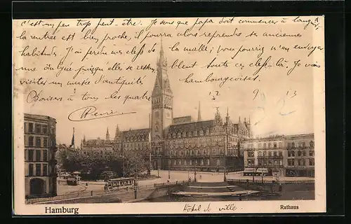 AK Hamburg, Strassenbahnen vor dem Rathaus