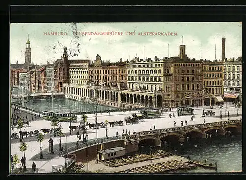 AK Hamburg, Reesendammbrücke mit Strassenbahnen