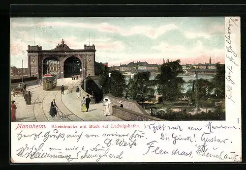 AK Mannheim, Rheinbrücke mit Strassenbahn