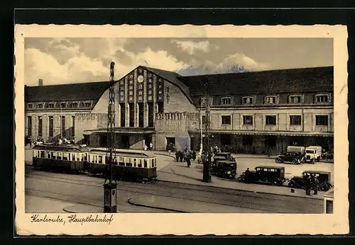 AK Karlsruhe, Strassenbahn vor dem Hauptbahnhof