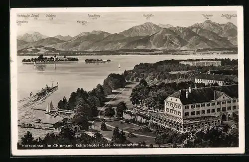 AK Herreninsel im Chiemsee, Schlosshotel-Café-Restaurant mit Blick auf die Gebirgswand