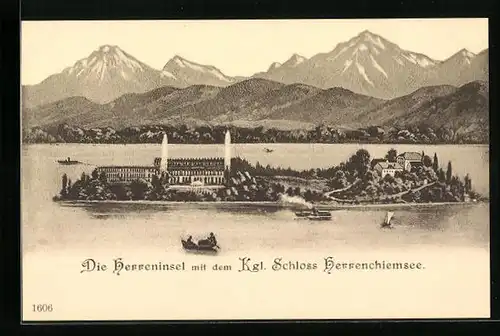 AK Herreninsel, Totale mit Kgl. Schloss Herrenchiemsee