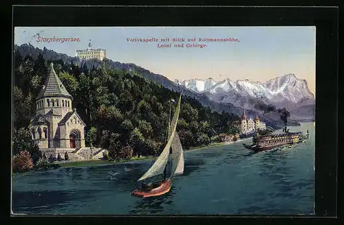 AK Starnberg, Votivkapelle mit Blick auf Rottmannshöhe, Leoni und Gebirge