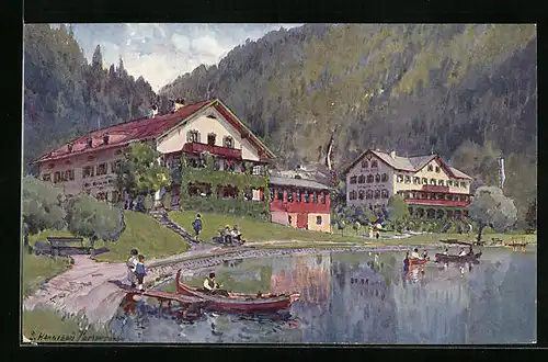 Künstler-AK Urfeld am Walchensee, Wiesmayers Hotel Post und Jäger am See