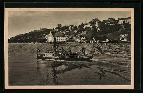 AK Meersburg a. B., Panorama mit Dampfer