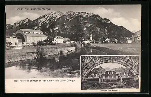 AK Oberammergau, Passions-Theater an der Ammer mit Laber-Gebirge & Innenansicht